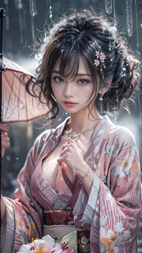 (RAW shooting, Photoreal:1.5, 8K, highest quality, masterpiece, ultra high resolution), ((((heavy snow, Blizzard)))), Highly detailed skin and facial textures:1.3, perfect dynamic composition:1.2, (In front of a shrine at night in a modern city, expression...