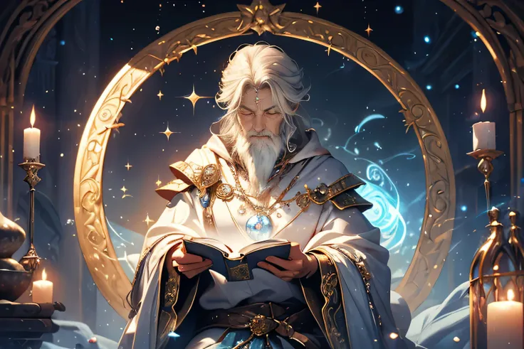 An illustration of a wise old wizard conjuring a sacred white pearl through magical incantations, set in a Fantasy Medieval theme. The wizard is adorned in elaborate robes, standing in a mystical chamber with ancient tomes and glowing runes, surrounded by ...