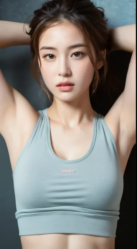 ((highest quality, 8K, masterpiece :1.3)), 1 girl, A cute woman who emphasizes her slender abdominal muscles :1.3, (random hairstyle :1.2), oversized tank top :1.2, super detailed face, fine eyes, double eyelid, armpit