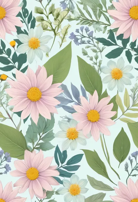 create a seamless detailed clear  pattern with real pressed flowers and leaves in pastle colors