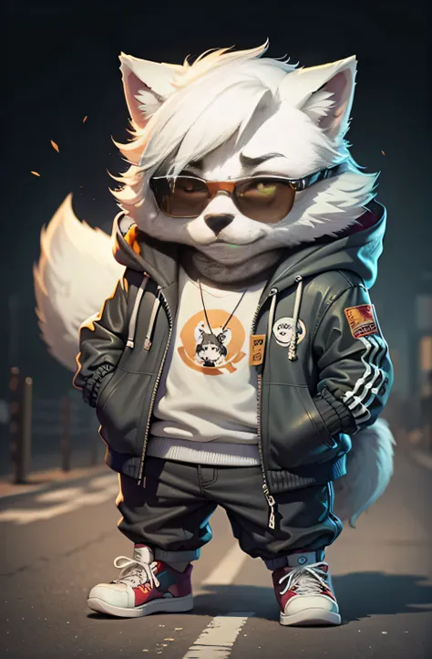 C4tt4stic, Cartoon white wolf in jacket and skateboard, Sunglasses, cute, chuby, plumpy, dynamic background