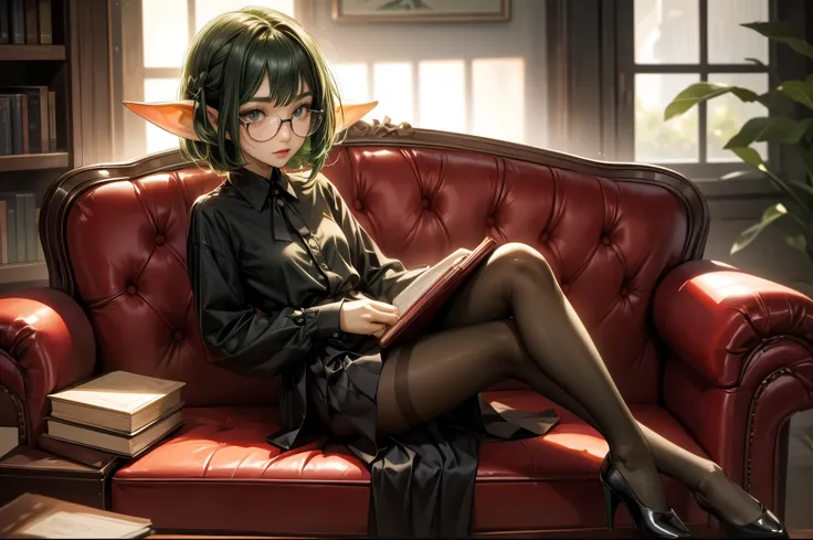 ((best quality)), ((masterpiece)), (detailed), perfect face, very short girl wearing white button down shirt and black skirt, green skin, pointy ears, wearing black silk pantyhose and black pumps, very shy, wearing black rimmed glasses, short dark green ha...