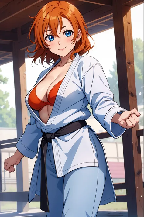 (Masterpiece, Best Quality, High Quality), cowboy shot,volumetric lighting, illustration, beautiful, curvy body,perfect lighting, perfect shadows, (breathtaking scenery:1.1), blushing, facing viewer, standing,Kousaka honoka, blue eyes, orange hair,karate g...