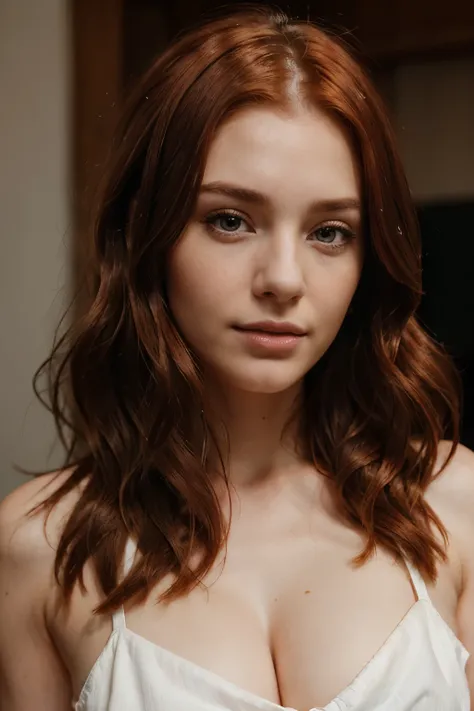 realistic portrait, photorealistic, 23 years old cute girl, WITH red HAIR, HAIR ROOTS SLIGHTLY FADED, elegant, beatifull, tv presenter, ultra hd quality