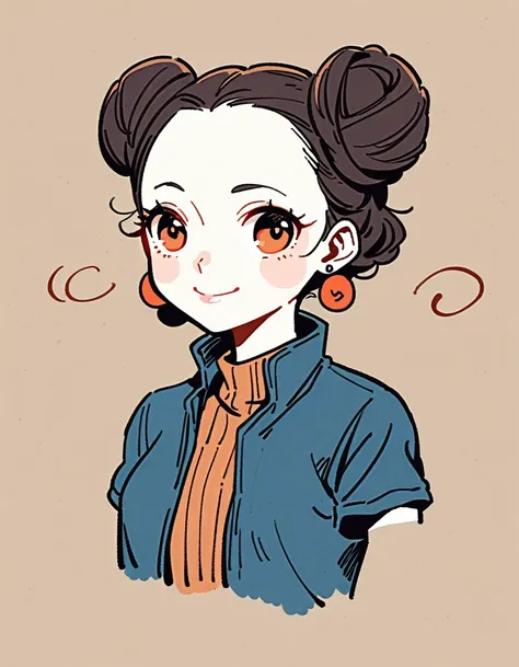 flat illustration style playful and cool chinese girl with black ancient bun hairstyle, wearing gentle blue jacket, earrings, sm...