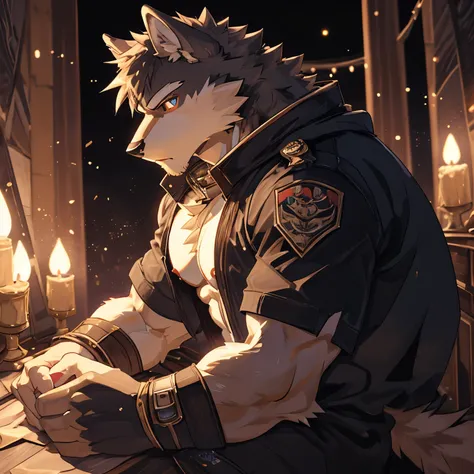 Masterpiece, Solo, Furry Wolf, Perfect Eyes, Short Hair, Medium Muscular Body, Adult face, Cool Pose, Handsome, shirtless, Closer Look, Good Looking, Fierce,detailed eyes,showing nipple