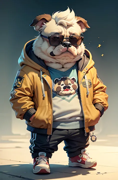 C4tt4stic, Cartoon bulldog in jacket and skateboard, Sunglasses, cute, chuby, plumpy, dynamic background