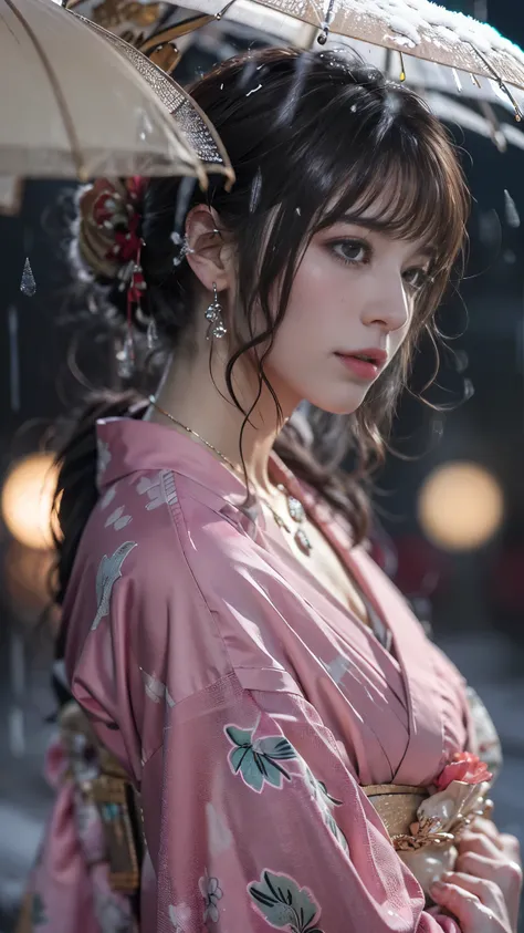 (RAW shooting, Photoreal:1.5, 8K, highest quality, masterpiece, ultra high resolution), ((((heavy snow, Blizzard)))), Highly detailed skin and facial textures:1.3, perfect dynamic composition:1.2, (In front of a shrine at night in a modern city, expression...