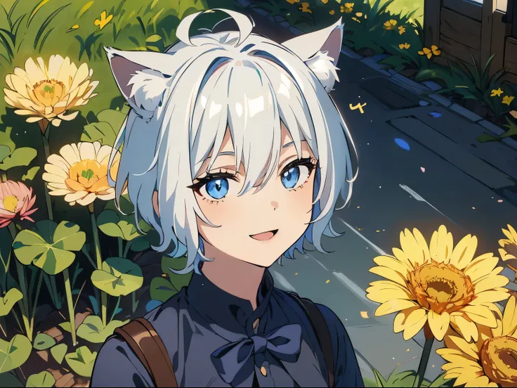 (highest quality), (masterpiece), 1080p, hd, 4k, 8K, masterpiece, 1 person，(boy:1.5)，Cat ear，Cat earのティーンエイジャー(gray hair, short hair) ，magic，beautiful eyes、depicted in detail，smile，spring cheerfulness，Dandelion，on the road