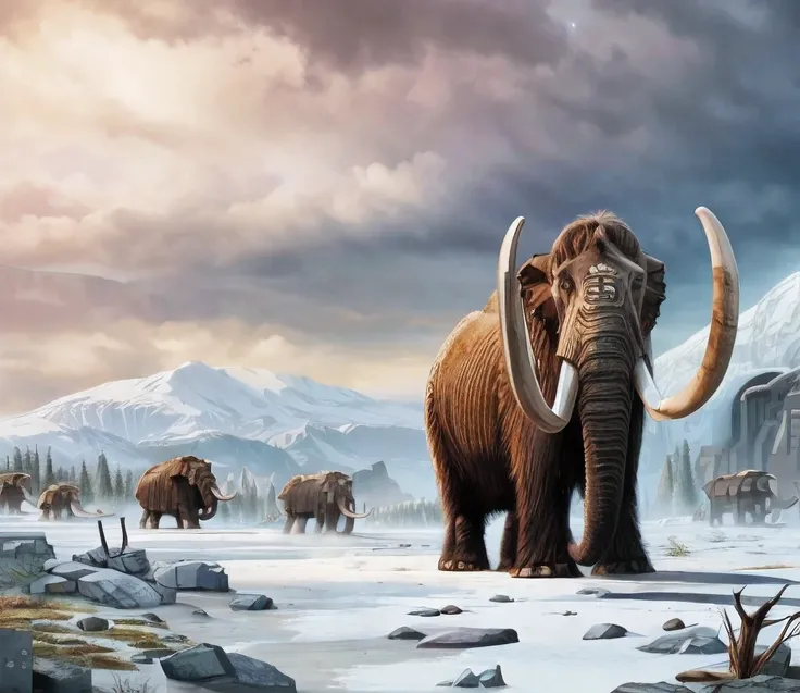 Manada de elefante peludo marrom gigante, (marfim gigante e cheio de curvas:1.3), (era do Gelo:2), (nevando:1.5), extremamente detalhado 4k