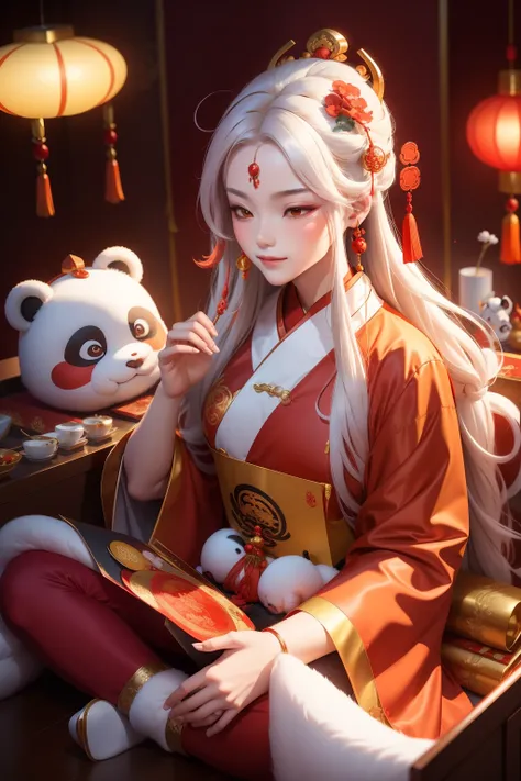 Amidst the vibrant sea of red treasures and golden envelopes, the Cute Panda God of Fortune basks in the festive Chinese-style atmosphere. The flat illustration style adds to the playful and endearing appearance of the deity, as he sits serenely amidst the...