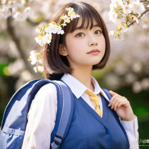 best quality, highres, ultra-detailed, realistic, girl, detailed eyes, detailed lips, cherry blossoms, blooming, clear blue sky, sunlight, morning light, vibrant colors, picturesque, nostalgic, Japanese style, school girl, traditional clothing, backpack, e...