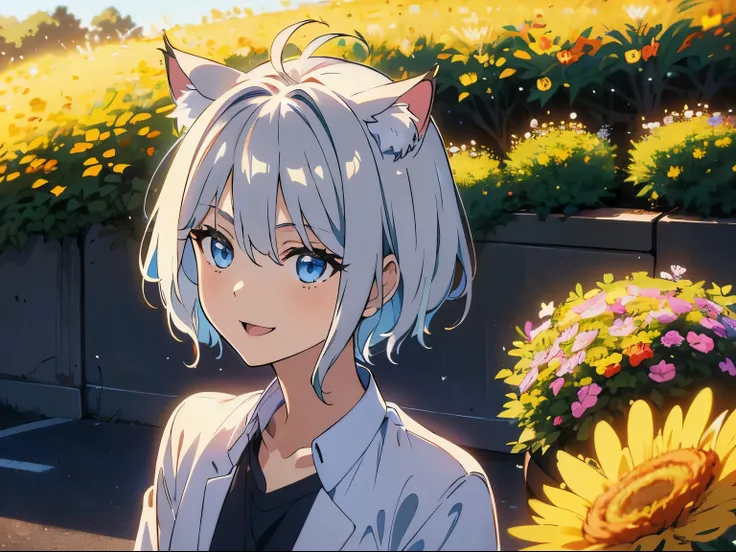 (highest quality), (masterpiece), 1080p, hd, 4k, 8K, masterpiece,(1 person:1.5)，boy，Cat ear，Cat earのティーンエイジャー(gray hair, short hair) ，magic，beautiful eyes、depicted in detail，Smile，spring container，Dandelion，on the road，morning