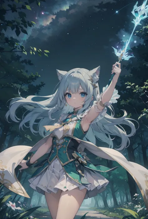 Subject: pretty magical girls.
Subtitle: masterpiece, fantastic, magical, powerful pose

Under a starry sky, in the centre of a mysterious forest, a pretty magical girl raises her glowing wand to the heavens. Around her, particles of seven-coloured magic d...