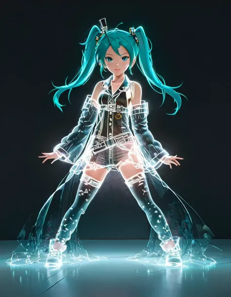 (Transparent hip-hop Hatsune Miku、：0.65), （Hip-hop costumes）Transparent ray tracing，hip-hop poss，baseball cap，Denim ripped pants。White shirt，surreal, Visual exaggeration, Nano punk,atom punck, assemble ,circuit,light painting,♒︎,Pisces, ♓︎,Unreal Engine,oc...