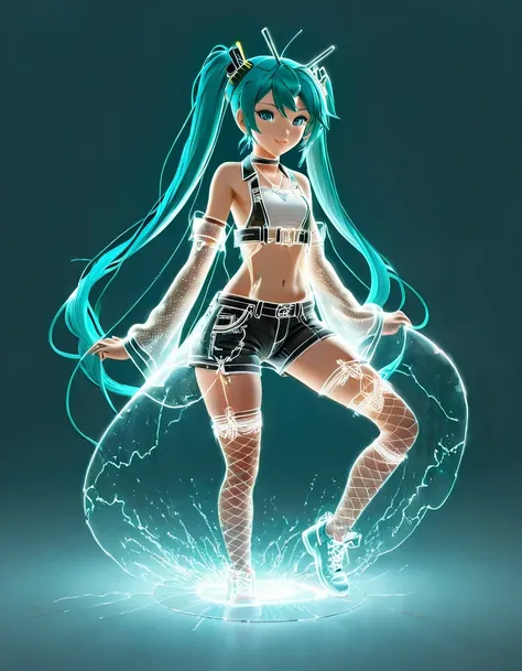 (Transparent hip-hop Hatsune Miku、：0.65), （Hip-hop costumes）Transparent ray tracing，hip-hop poss，baseball cap，Denim ripped pants。White shirt，surreal, Visual exaggeration, Nano punk,atom punck, assemble ,circuit,light painting,♒︎,Pisces, ♓︎,Unreal Engine,oc...