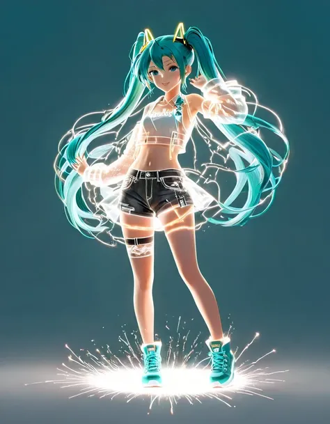 (Transparent hip-hop Hatsune Miku、：0.65), （Hip-hop costumes）Transparent ray tracing，hip-hop poss，baseball cap，Denim ripped pants。White shirt，surreal, Visual exaggeration, Nano punk,atom punck, assemble ,circuit,light painting,♒︎,Pisces, ♓︎,Unreal Engine,oc...