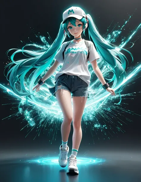 (Transparent hip-hop Hatsune Miku、：0.65), （Hip-hop costumes）Transparent ray tracing，hip-hop poss，baseball cap，Denim ripped pants。White shirt，surreal, Visual exaggeration, Nano punk,atom punck, assemble ,circuit,light painting,♒︎,Pisces, ♓︎,Unreal Engine,oc...