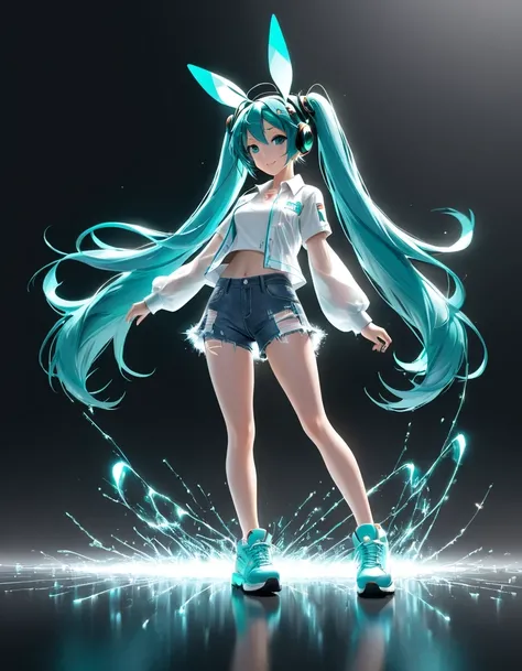 (Transparent hip-hop Hatsune Miku、：0.65), （Hip-hop costumes）Transparent ray tracing，hip-hop poss，baseball cap，Denim ripped pants。White shirt，surreal, Visual exaggeration, Nano punk,atom punck, assemble ,circuit,light painting,♒︎,Pisces, ♓︎,Unreal Engine,oc...