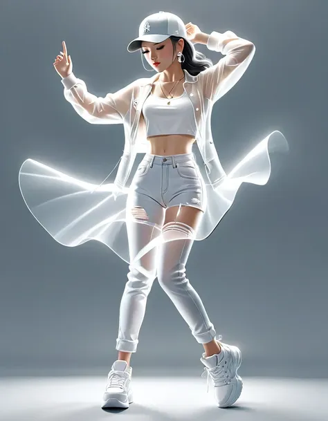 in style of luminogram photography,，(transparent hip-hop girl：0.65), （hip-hop costumes）transparent ray tracing，hip-hop poss，base...