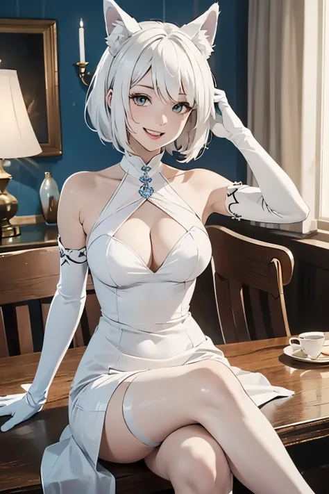 table top　High level image quality　best image quality　8K　 adult woman　portrait　white long gloves（elbow gloves）　barefoot　white long dress（Tube top）　white wolf ears　short hair（（shortcut）（pure white hair）（perm）（fluffy））　eye color is blue　attractive face（（laug...