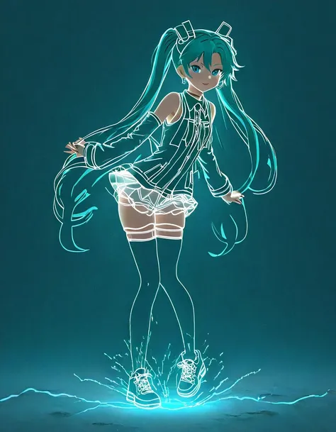 (Transparent hip-hop Hatsune Miku、：0.65), （Hip-hop costumes）Transparent ray tracing，hip-hop poss，baseball cap，Denim ripped pants。White shirt，surreal, Visual exaggeration, Nano punk,atom punck, assemble ,circuit,light painting,♒︎,Pisces, ♓︎,Unreal Engine,oc...