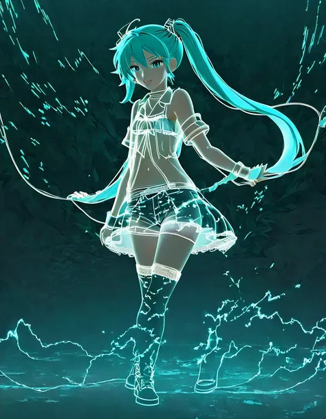 (Transparent hip-hop Hatsune Miku、：0.65), （Hip-hop costumes）Transparent ray tracing，hip-hop poss，baseball cap，Denim ripped pants。White shirt，surreal, Visual exaggeration, Nano punk,atom punck, assemble ,circuit,light painting,♒︎,Pisces, ♓︎,Unreal Engine,oc...