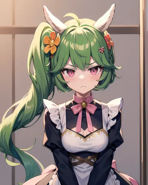 masterpiece,best quality,1girl,mayreel,alpaca ears,green hair,pink eyes,green hair,side ponytail,hair ornament,flower,long hair,light frown,tsundere,(maid outfit),single, (upper body)