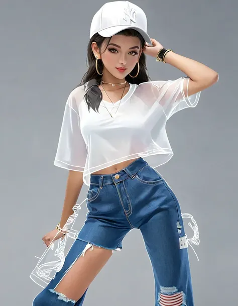 (Transparent hip-hop girl：0.65), （Hip-hop costumes）Transparent ray tracing，hip-hop poss，baseball cap，Denim ripped pants。White shirt