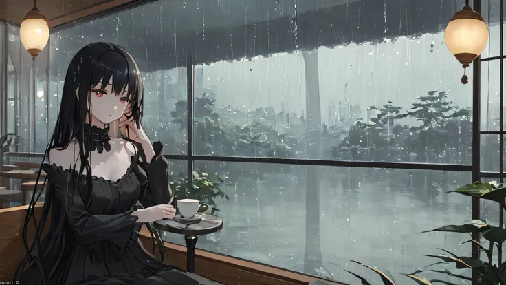 Create an 8k resolution masterpiece illustration that portrays a beautiful girl with long, flowing black hair, dressed in a simple yet elegant one-piece dress. She is seated inside a cozy café, her posture relaxed yet reflective as she gazes out of a nearb...