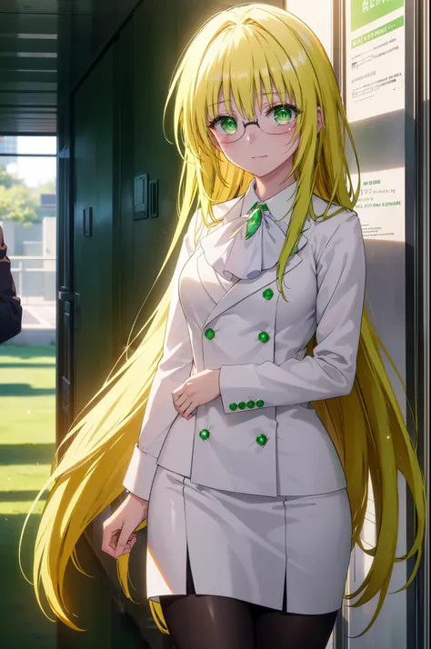 and tears, whimsical tierage, long hair, blonde hair, (green eyes:1.5), side lock, glasses,smile,blush,
break shirt, collared sh...