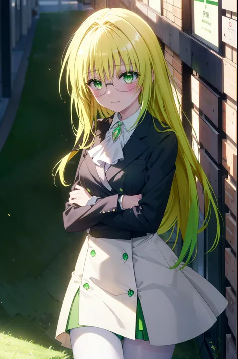 and tears, whimsical tierage, long hair, blonde hair, (green eyes:1.5), side lock, glasses,smile,blush,
break shirt, collared sh...