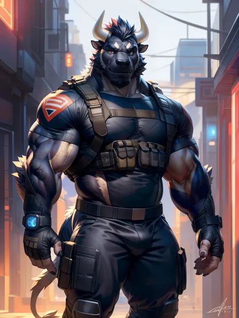 solo, anthro, furry, furry male, black Bull, ((fluffy fur, fluffy, furry body)), (tactical gear, bull print), red eyes, Bull horns, white horns, white hair, slick back hair, bull tail, ((black face, black body, black arms, black facial hair)), detailed flu...