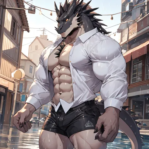 masterpiece, anthropomorphic black dragon　,  nice, Shorts only,social person 　skinny macho　　good looking　lower crotch pants　get wet in the rain　　white suit dress shirt　Show off your abs