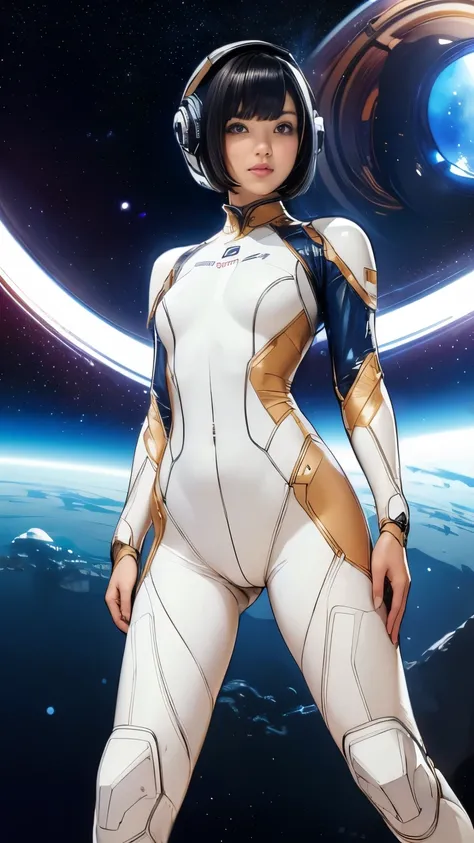 (masterpiece、highest quality、highest resolution、clear_image、Detailed details): (full body figure、15 year old girl、Japanese face、small face、thin、navy blue super short bob cut hair、blue colored eyes、((navy long sleeve space suit、space helmet))、headset、cosmic...