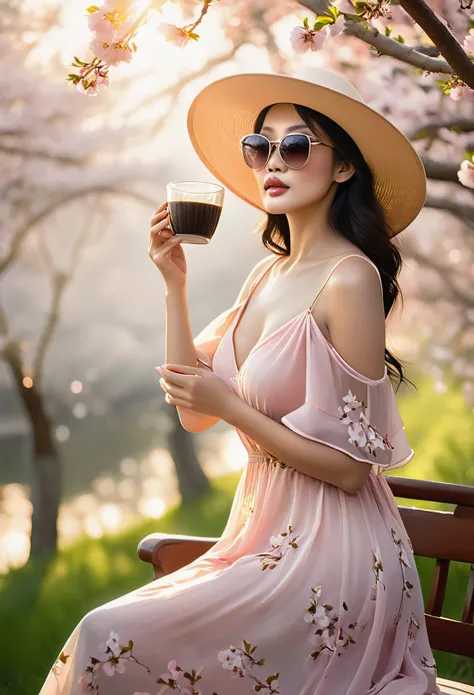 (best quality,4k,8k,highres,masterpiece:1.2),ultra-detailed,(realistic,photorealistic,photo-realistic:1.37),A lanky Asian woman in a (peach translucent summer dress, wide brimmed hat, sunglasses),is drinking her coffee while watching sunrise, spring mornin...