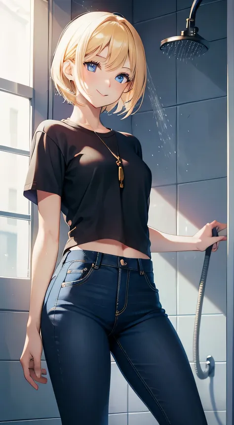 young girl, blonde short hair, high ponytail, blue eyes, Smile, Blue skinny shirt, jeans, open shower room, Two swords, fly by rope, masterpiece, high quality, 4K, HD, Nice details