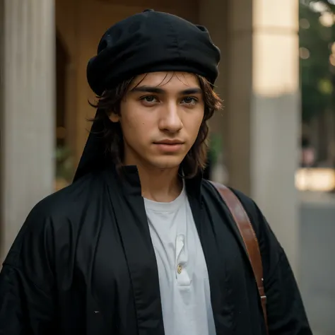 (8k, RAW photo, best quality, masterpiece:1.2), (realistic, photo-realistic:1.37), ultra-detailed, masterpiece HDR high quality Picture a young boy, 17 years old, handsome man, long black messy hair, sharp eyes, Islamic Cloth, Islamic Hat, standing in fron...