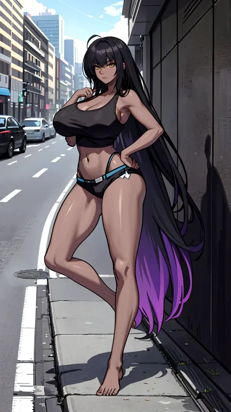 Masterpiece, best quality, high resolution, 1 woman, Karin , black skin , long black hair , black tank top , bikini , abdomen , big breasts, Long legs , Barefoot , stand on your hips , roadside , city