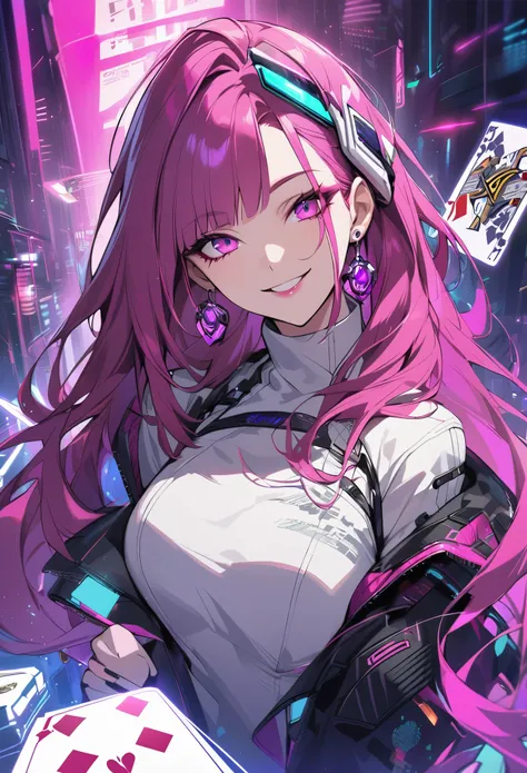 Beautiful, solo, 1 female, mature, long hair, magenta hair with bangs, tie half up half down, hotpink eyes, white clothes, smile facial, futuristic, cyberpunk, gambler, cards, dices, earrings