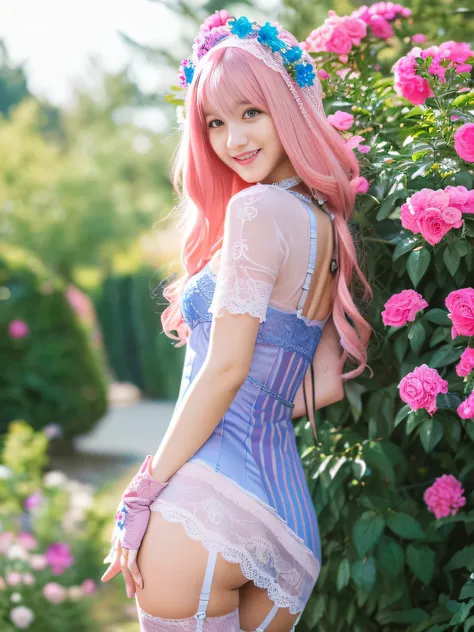 (realistic,masterpiece, highest quality: 1.4),(woman,smile(pink hair,Blue streaked hair,perm hair)),((butt)Pose showing your back)(mini dress,lace underwear,Lace embroidery,headdress,choker,gloves up to the elbow,garter stockings,cloak),(garden,colorful fl...