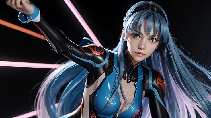 1 young woman, very long blue hair, blue eyes, perfect body, compensate, glass,
sexy combat uniform ((Neon Genesis EVANGELION))((black)), dynamic pose, (masterpiece), (8K), (realistic), (ray tracing),perfect body,(Lie:1.3)