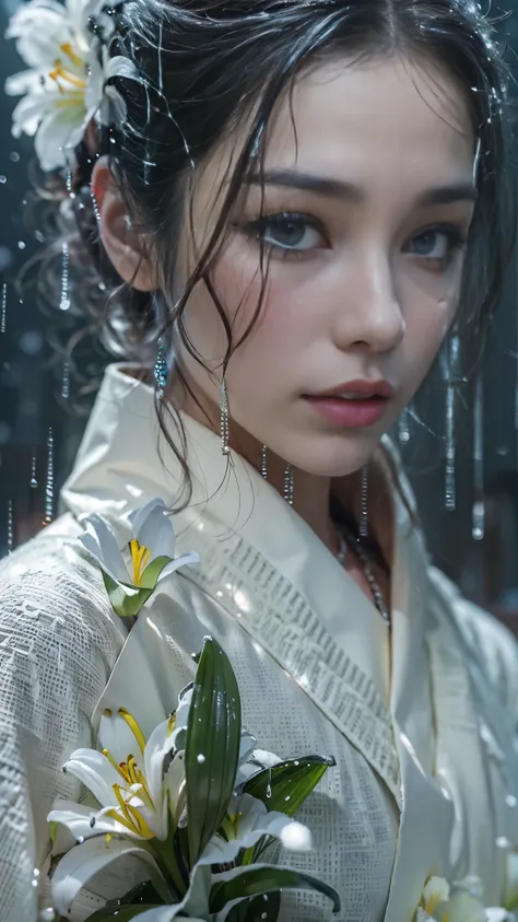 (RAW shooting, Photoreal:1.5, 8K, highest quality, masterpiece, ultra high resolution), ((((heavy snow, Blizzard)))), Highly detailed skin and facial textures:1.3, perfect dynamic composition:1.2, (In front of a shrine at night in a modern city, expression...