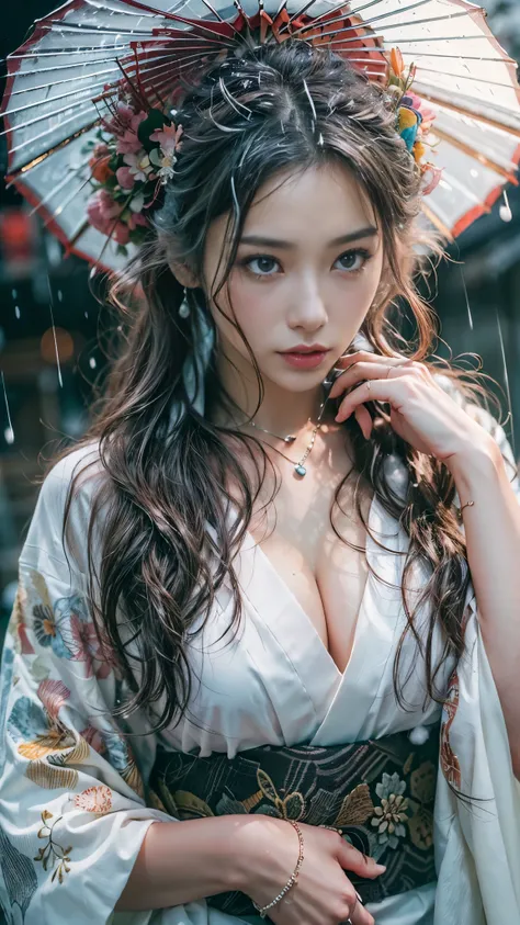 (RAW shooting, Photoreal:1.5, 8K, highest quality, masterpiece, ultra high resolution), ((((heavy snow, Blizzard)))), Highly detailed skin and facial textures:1.3, perfect dynamic composition:1.2, (In front of a shrine at night in a modern city, expression...