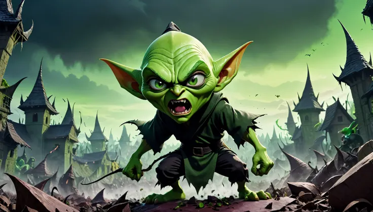 master piece), 8k, best quality, panoramic view, cartoon, Goblins, green, black and malicious eyes, evil, huge pointed ears, sharp teeth, bald, thin, 120 centimeters tall, dirty torn cloth clothing, attacking, full action, adventure, villain pose, angry ex...