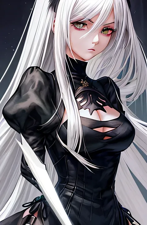 20th generation,1 woman,anime,cool beauty,silver hair,beautiful face,sharp outline,feminine eyebrows,whole body,medium long hair,ruins,YoRHa unit clothing,whole body,