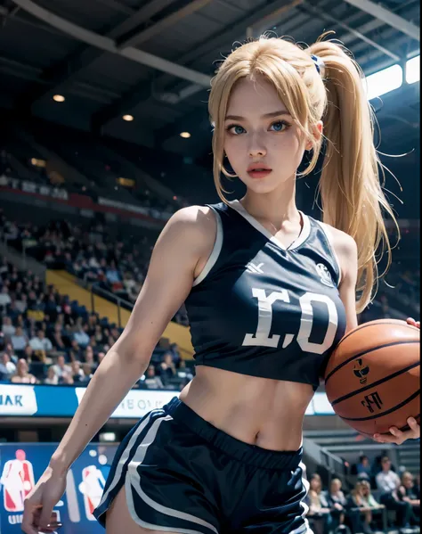 1girl, (blue eyes), (angry face), (Sana Minatozaki), wide hips, Big tits, big ass, (Best Quality, 8k, Masterpiece: 1.3), Clear Focus: 1.2, Perfect Body Beauty: 1.4, Highly detailed face and skin texture, detailed eyes, double eyelids, (blond long pony tail...