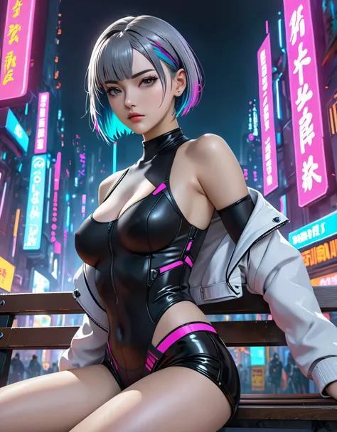 (Extremely detailed CG unified 8k wallpaper), (Super detailed), masterpiece, best quality, Lucy (cyberpunk), bodysuit, alone, breast, cyberpunk city, colorful hair, short hair, looking at the audience, medium breast, black bodysuit, gray eyes, Hip vents, C...