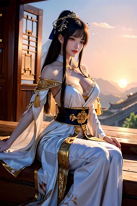 An exquisitely beautiful oriental woman, adorned in traditional clothing, gracefully poses atop the majestic Great Wall of China. The sun sets behind her, casting a warm, gentle glow that illuminates her elegant features. Intricate ink splashes and delicat...