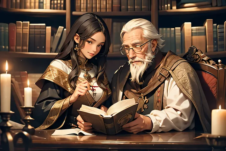 Portray a detailed illustration of a young girl with waist-length ebony hair engaged in joyful conversation with an elderly man sporting a lengthy white beard within a medieval-themed library setting. Emphasize intricate bookshelves, aged parchment, and fl...